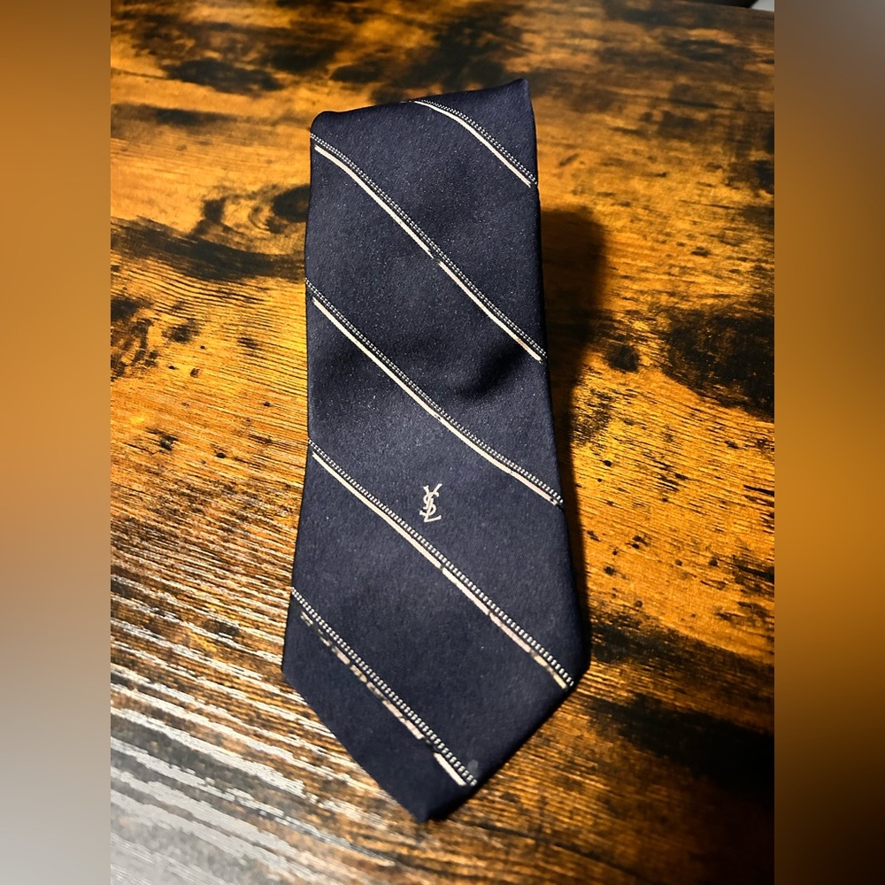 Vintage YSL St. Laurent Blue Red Striped Knit Mens Tie Necktie